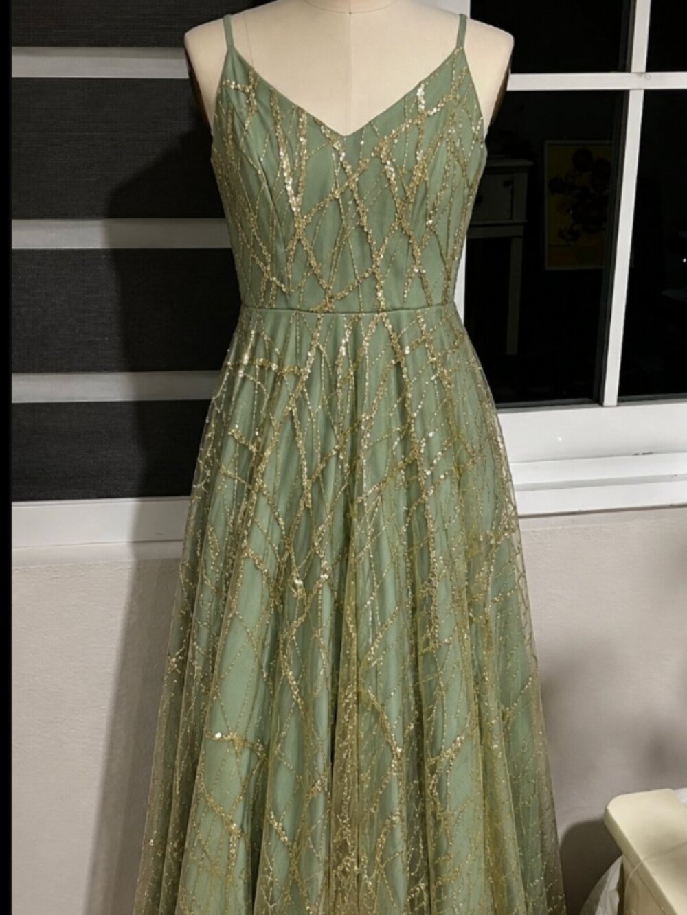 Sage Green & Gold Sequin A-Line Prom Formal Gown | Sparkly Maxi Dress